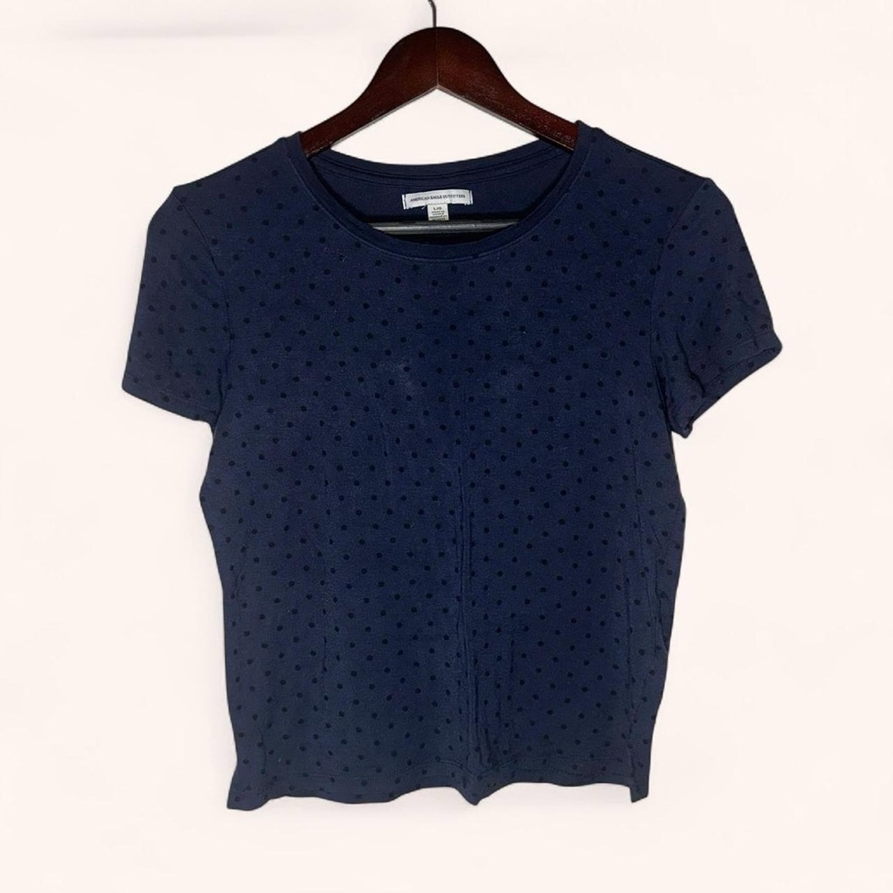 American Eagle AE Navy Blue Black Polka Dot Cropped Tee T Shirt Crop Top Slit
